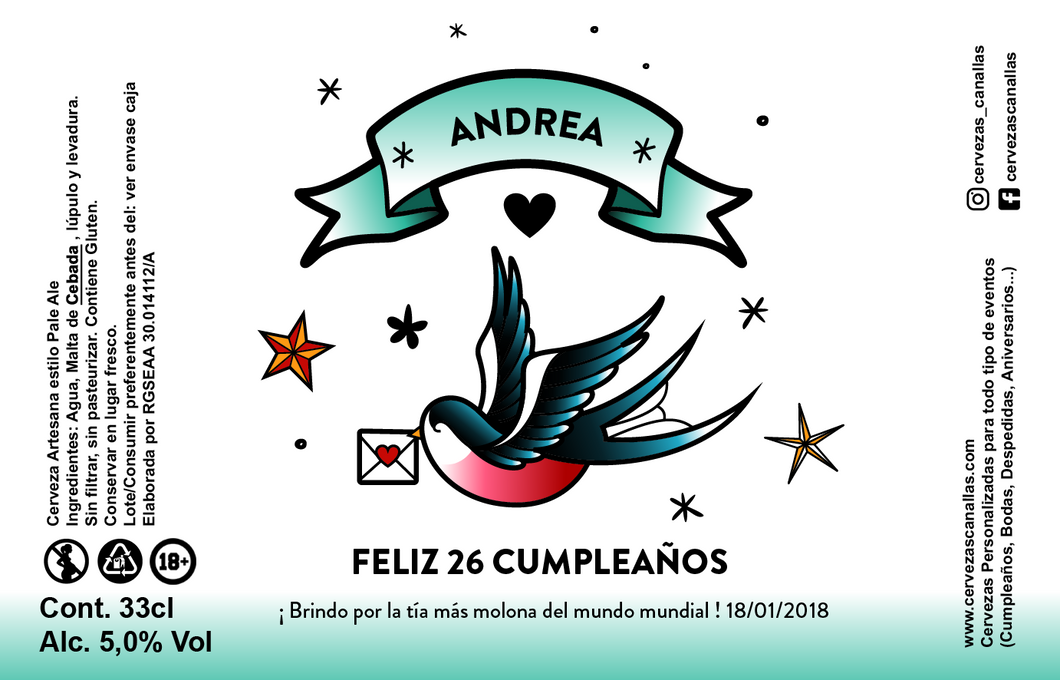 Cerveza Personalizada Cumpleaños - Bird Tattoo 2